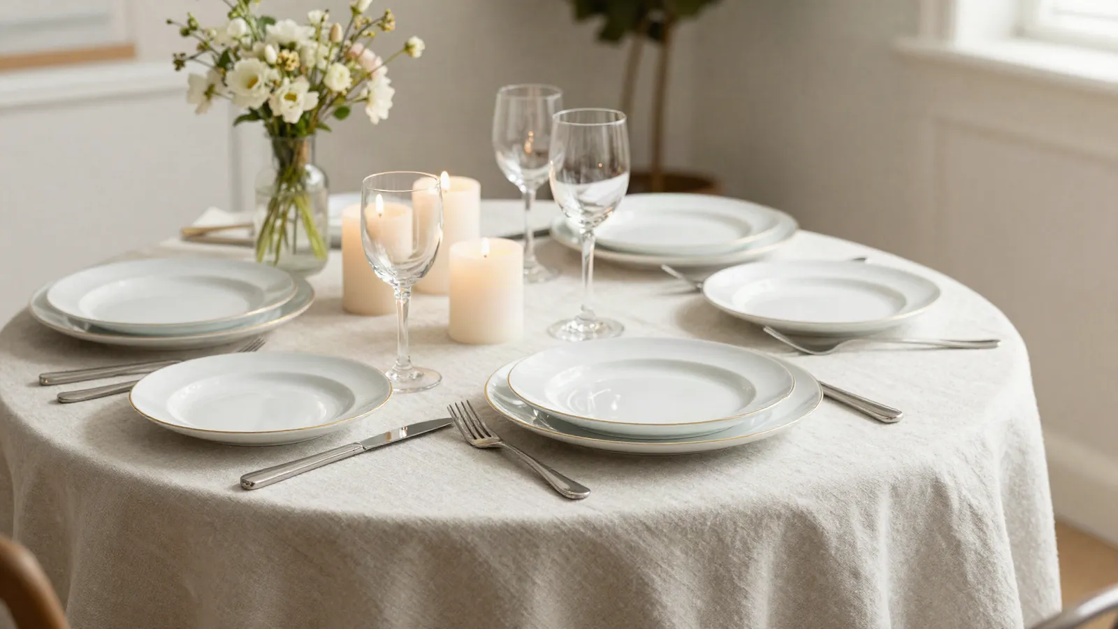 Mesa puesta con vajilla de porcelana blanca con filete dorado, copas y velas