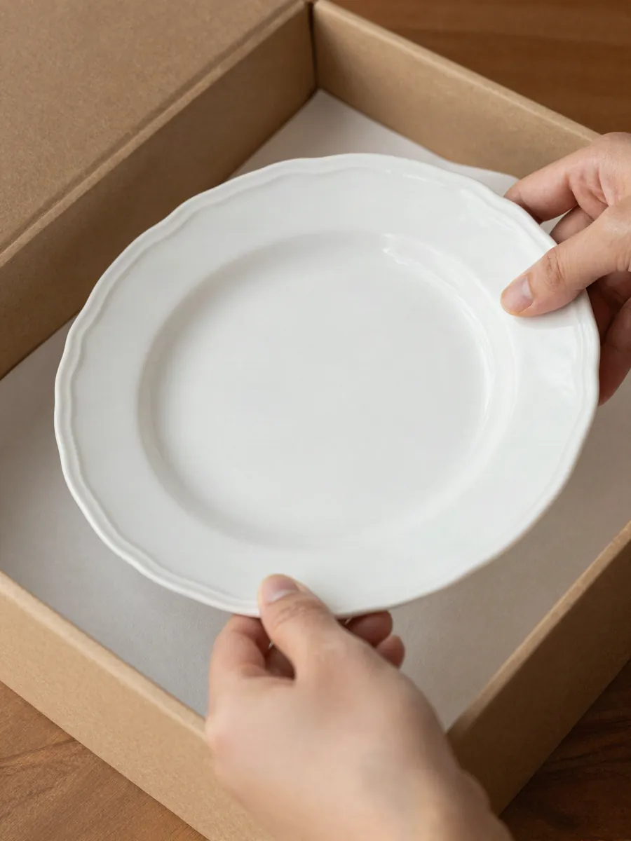 Plato de porcelana envuelto en papel de seda dentro de una caja de regalo