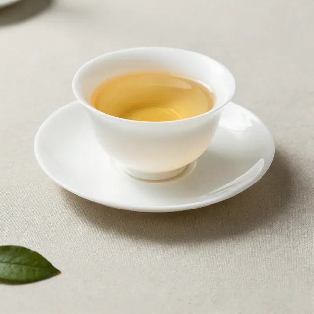 Taza de té con plato de porcelana blanca